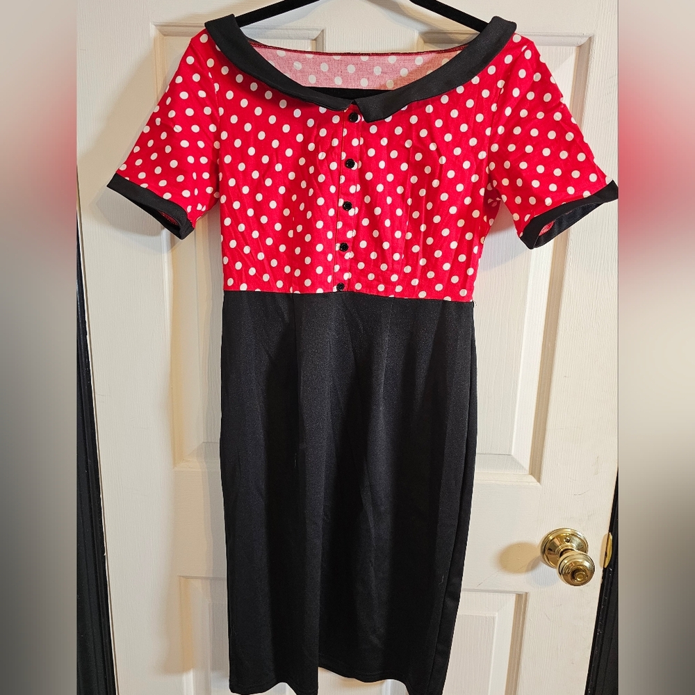 Vintage Cotton Casual Peter Pan Collar A-Line  Size Medium Red/Black